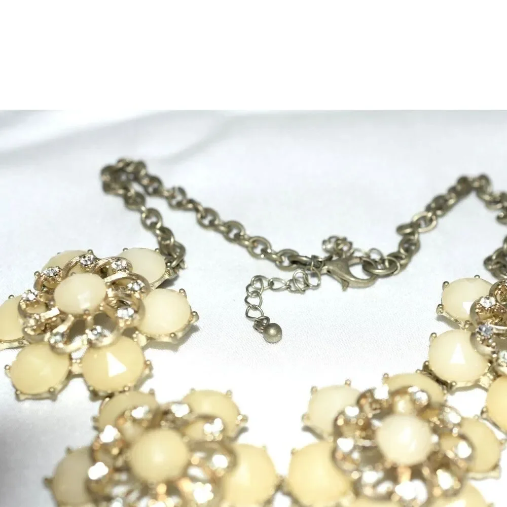 Distinctive Cream/Ivory Floral Design Rhinestone Accents Gold Tone 16